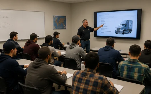 CDL classroom instruction with instructor teaching truck systems
