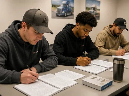 Students studying CDL materials and taking notes