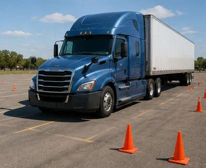 CDL student practicing truck driving on course