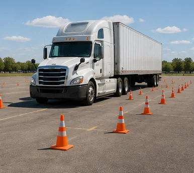 Semi-truck backing practice with cones
