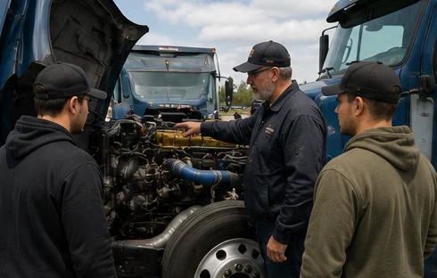 Students learning truck engine inspection hands-on