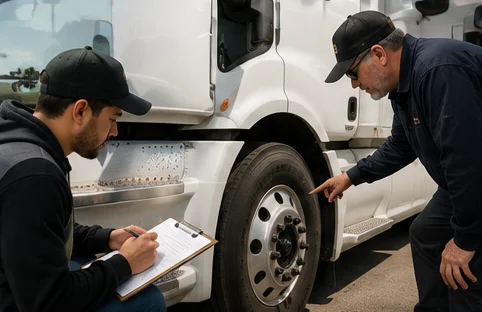 Instructor demonstrating tire and wheel inspection